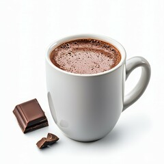 Obraz premium A steaming cup of hot chocolate with a piece of dark chocolate beside it.
