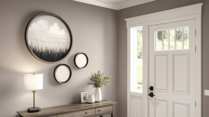 Cozy home interior design showcasing a console table and a front door