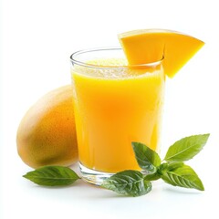 Fresh mango juice with a slice and whole mango, garnished with mint leaves.