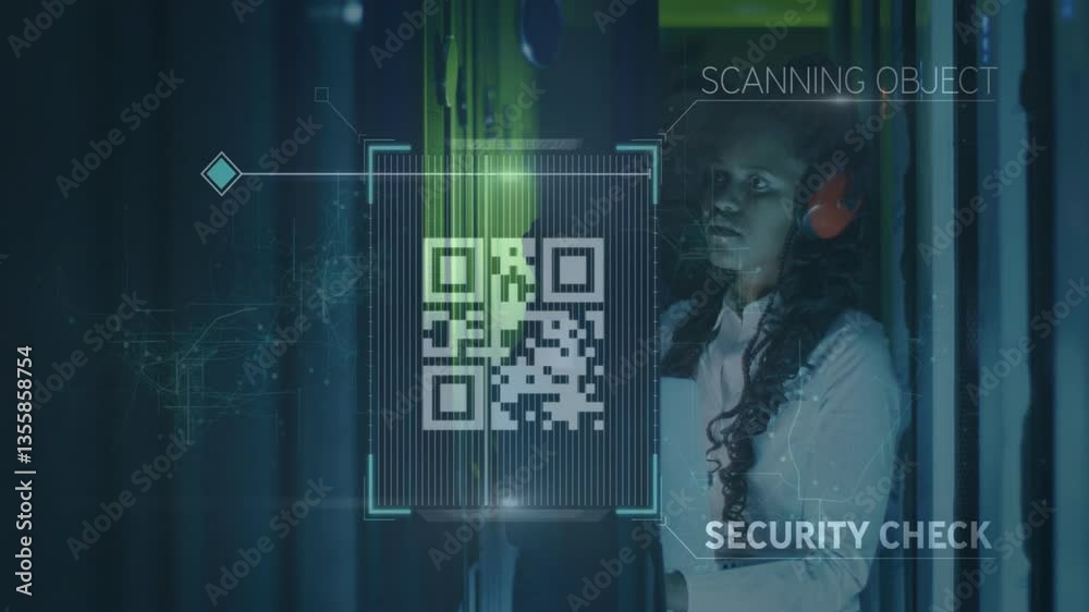 Poster qr code scanning animation over person conducting security check in data center