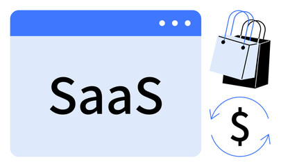 SaaS webpage, shopping bags, dollar sign loop arrows. Ideal for software, e-commerce, subscription models, online business, digital services recurring payments commercial platforms. Abstract line