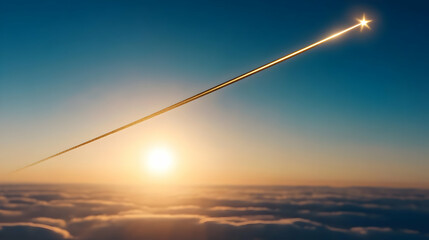 Golden Star Streaking Across a Dramatic Sunset Sky Above Rolling Clouds Revealing a Celestial Light and Atmospheric Perspective during Dusk with Orange Hues