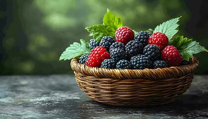 A woven basket overflowing with vibrant berries and green foliage