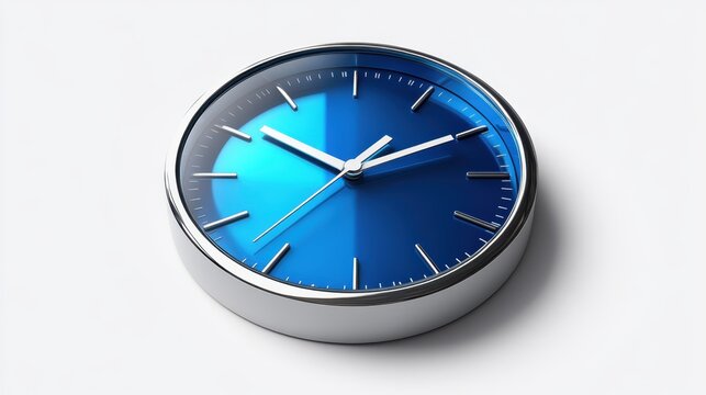 A digital time tracking icon with a sleek clock face in bright blue, featuring bold, sharp hour and minute hands, and clean lines, on a transparent white PNG 