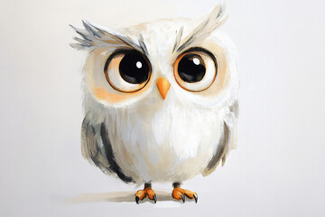 Naklejka premium Cartoon owl illustration digital drawing cute round body big eye fluffy feathers soft texture standing pose animal character children artwork bird forest creature isolated white background painting