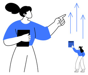 Confident woman gestures towards upward arrows while another person works on a calculator. Ideal for business growth, teamwork, planning, strategy, success, analytics, motivation. Flat simple