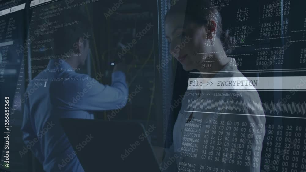 Poster working on servers, technicians analyzing encryption data overlay in dark room