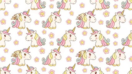 Rainbow unicorn. Hand-drawn seamless pattern. Horse unicorn among pink flowers on a white background. Bright illustration in light colors for design children's fabric, room, clothing, nursery