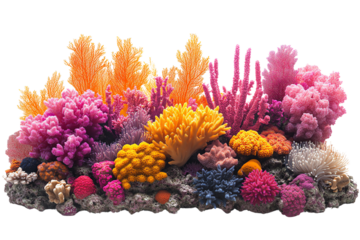 Colorful coral reef with various shapes and vibrant hues, showcasing marine biodiversity, isolated on white background.