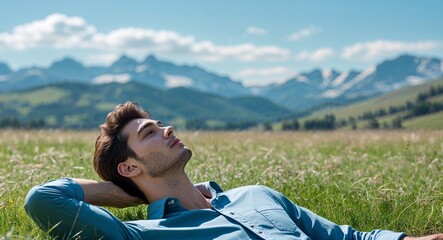 Obraz premium Relaxed young man lying on grassy field looking at clear sky spring break peace photography model