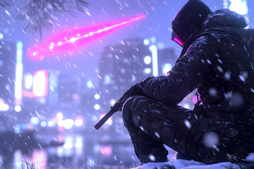 Obraz premium Man in Hooded Jacket Holding a Gun in a Snowy Urban Cityscape at Night with Neon Lights and Falling Snow Cold Winter Evening Scene With Dystopian Aesthetic and Pixelated Background