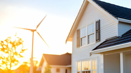 Modern White House with Dark Gray Roof and Renewable Energy Wind Turbine at Sunset Featuring Bright Light and Clean Architecture Design for Sustainable Development and Green Lifestyle