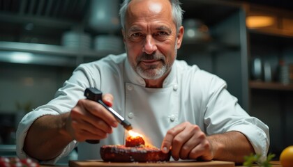 Steakhouse interior professional kitchen with chef finishing prime steak using blowtorch, wearing white chef coat, confident expression with blurred kitchen background