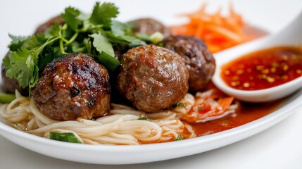 Fototapeta premium Delectable Asian meatballs with noodles and fresh herbs for creative dishes