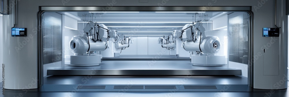 Poster Futuristic automated milking station featuring robotic arms in a modern dairy facility with advanced technology