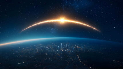 Sparkling Celestial Arc Over Illuminated City At Night with Stars in Deep Blue Sky Represents Earth Planet Orbiting Around Globe in Universe