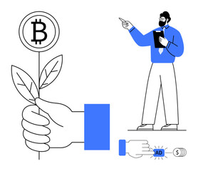 Bitcoin plant growth in hand, analyst presenting with tablet, and click ad button. Ideal for cryptocurrency, blockchain, investing, technology, finance innovation marketing. Flat simple metaphor