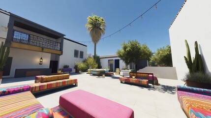 Lush Outdoor Lounge Area with Vibrant Textile Furnishings and Modern Design