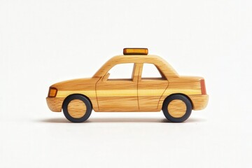 Handcrafted wooden toy taxi car with orange light on top.