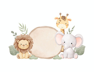Fototapeta premium Watercolor Illustration Safari Animals with Leaves and Wooden Board