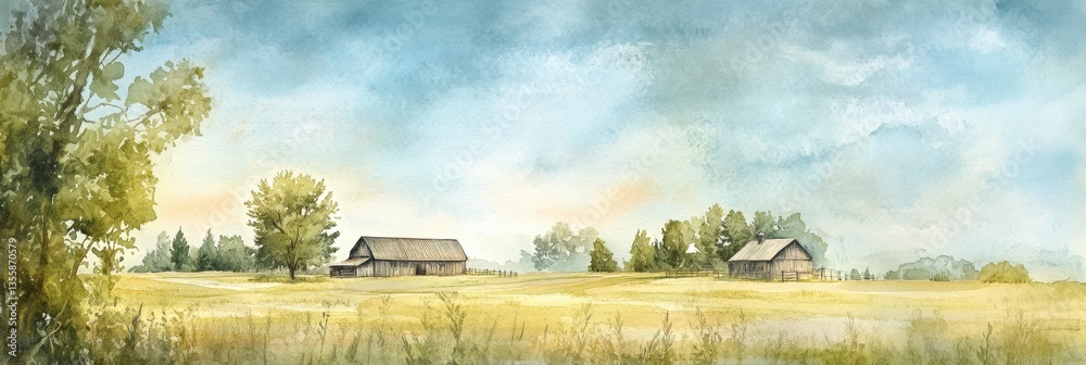 Poster Delicate watercolor painting of a rustic farm with green fields and a soft blue sky capturing nostalgia and tranquility in nature