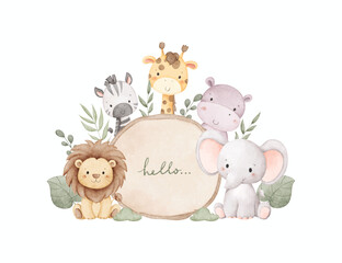 Watercolor Illustration Safari Animals with Leaves and Wooden Board © Stella