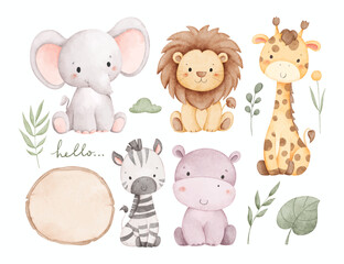 Watercolor Illustration Set of Safari Animals with Leaves and Wooden Board