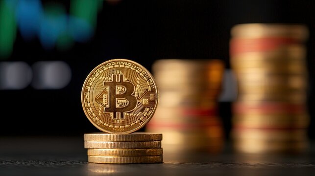Golden cryptocurrency coin atop stack, blurred stacks in background with price chart