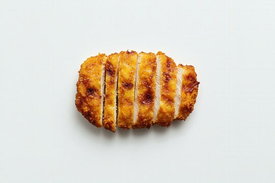 Golden crispy breaded chicken cutlet on a white background.