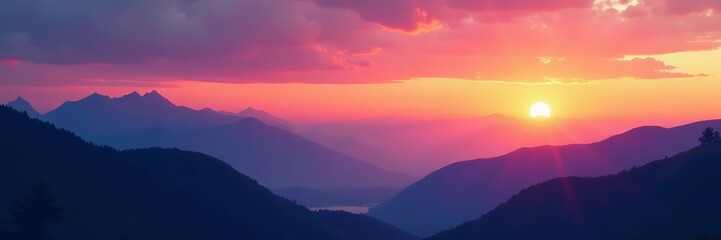 Obraz premium Stunning mountain silhouettes against colorful sunrise sky, nature's beauty showcased in peaceful morning scene, sunrise, peaceful