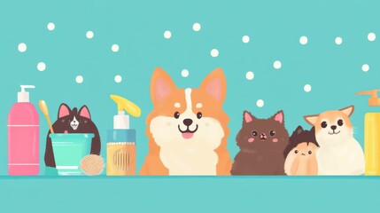 Naklejka premium Cute Cartoon Animals with Grooming Supplies on Colorful Background