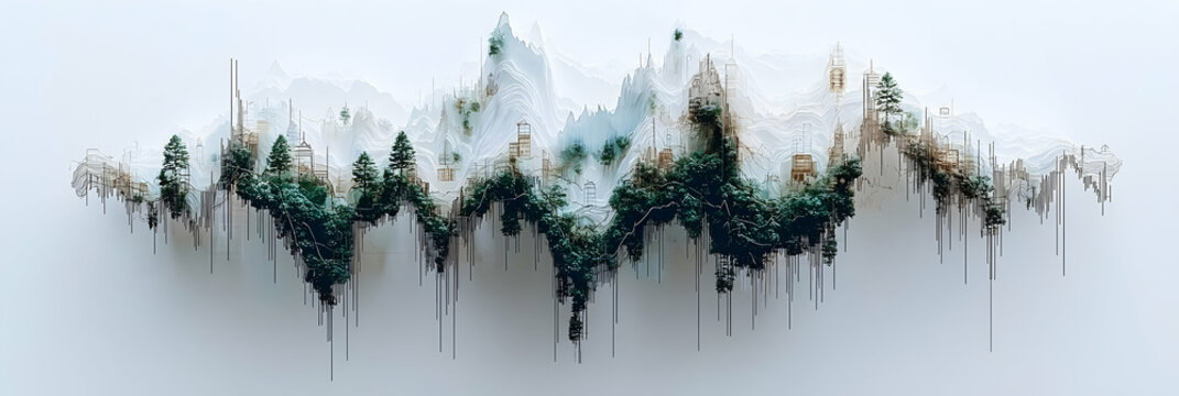 Abstract Digital Landscape Painting with Green and White Pixelated Mountains