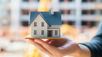 Real estate investing concept. Miniature house model held in hand against a blurred construction background.