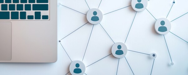 Social impact and inclusive business concept. Laptop connected to a network of user icons on a wall.