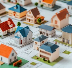 Real estate investing concept. Miniature houses arranged on a model street layout.