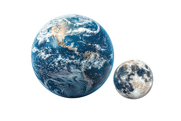 Earth and Moon model, detailed view with vibrant colors, white isolated background.