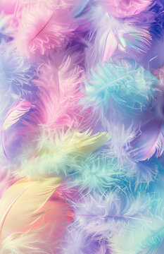 Delicate dreamscape of pastel feathers floating in serene harmony evoking peace and tranquility smooth texture and soft focus pastel palette with subtle sparkling highlights