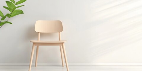 Light wooden chair stands against a bright white wall