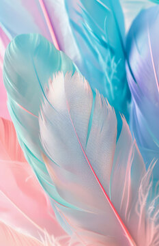 Gentle pastel feathers whisper dreams of lightness and freedom like a soft cloud floating by against the delicate blue and pink background enhanced with diffused gentle lighting.