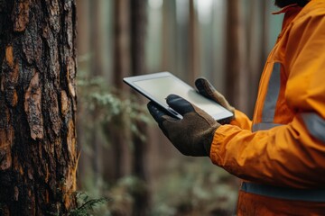 Forestry Inspector Monitoring Tree Growth with Tablet