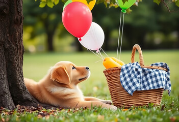 Golden Retriever Puppy with a Picnic Basket and Balloons