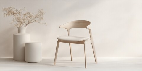Fototapeta premium Minimalist interior featuring a light wooden chair and neutral decor