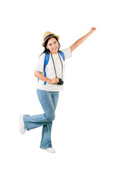Cheerful Female Traveler Posing with Camera and Backpack on White Background