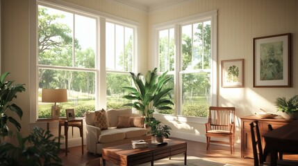 Obraz premium A serene living room filled with natural light showcasing an inviting atmosphere