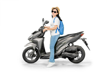 Obraz premium Happy Female Traveler with Backpack Sitting on Scooter, Ready for Adventure