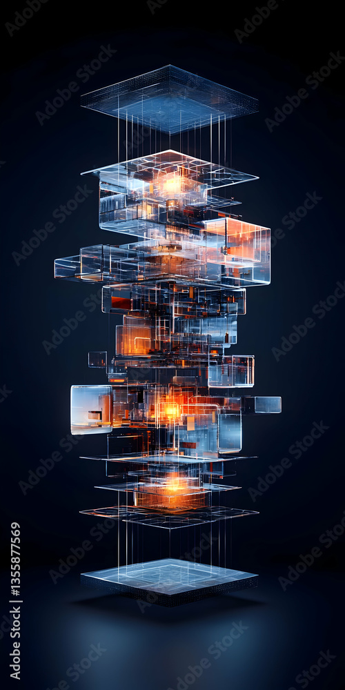 Poster abstract digital structure with glowing cubes and blocks
