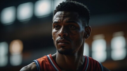 Focused Basketball Player: A determined athlete in vibrant basketball attire, showcasing an intense gaze that captures his unwavering focus and commitment to the game.