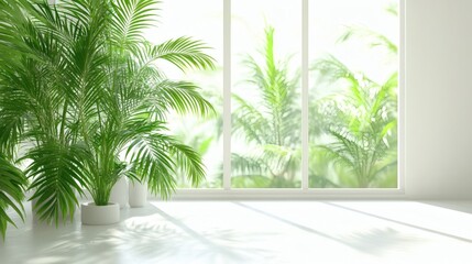 Fototapeta premium Bright open space with tropical plants by the window, modern home decor