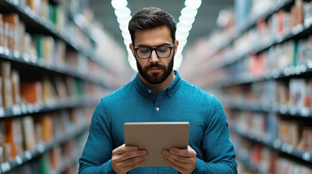 Data analytics concept. A man with glasses reads a tablet in a library surrounded by shelves filled with books, immersed in a moment of focus and knowledge.