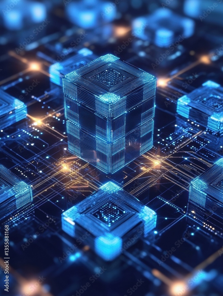 Poster Futuristic blockchain concept featuring layered paper cuts and interconnected network nodes with glowing blue accents Generative AI